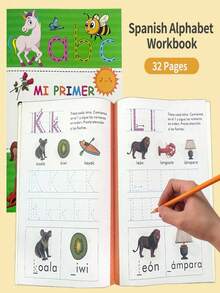 SHEIN Libro de trazado de 32 páginas para niños Lachilly, cuaderno de ejercicios de alfabeto español, libro de práctica de escritura ABC, libro de actividades interactivo de aprendizaje temprano para preescolar - Multicolor - Ver 4