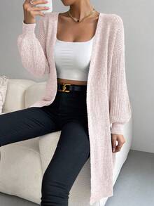 EMERY ROSE Cárdigan largo casual de mujer de manga larga y hombros caídos de unicolor, otoño - Rosa Pálido - Ver 4