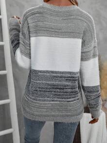 EMERY ROSE Women's Casual Contrast Color Drop Shoulder Round Neck Long Sleeve Sweater, Autumn/Winter - Grey - View 2
