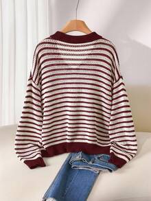 CosyJoli Plus Size Casual Polo Collar Striped Long Sleeve Pullover Sweater Collared Sweater Striped Pullover Sweater Fall Striped Sweater Striped Sweater Women Striped Sweater/ Winter - Burgundy - View 2