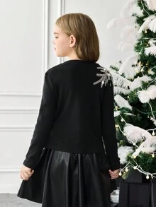 SHEIN 2pcs Tween Girls Casual Elegant Rhinestone Embroidered Knit Top And PU Skirt Set, Suitable For Christmas, Daily Wear - Black - View 6