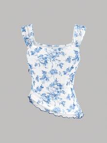 SHEIN Girlism 少女花卉印花针织网眼上衣和纯色迷你裙两件套，休闲 - 藍白色 - 查看 6