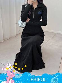 FRIFUL SHEIN X Care Bears Women's Half-Zip Front Letter Embroidery Cold Shoulder Sweater Dress Maxi Dress - Black - View 5