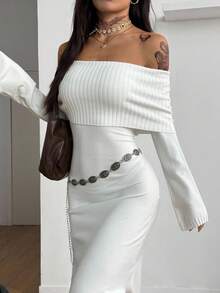 Coolane 女士秋冬外出街头服饰休闲简约基本款日常穿着必备毛绒弹性舒适纹理温暖米色紧身胸衣长袖露肩翻领长裙 - 白色 - 查看 6