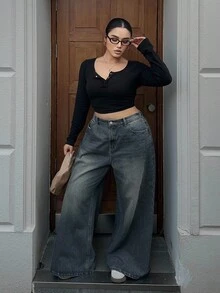 Dazy Plus Washed Loose Straight Leg Long Denim Jeans, Plus Size Women, All Season, Autumn