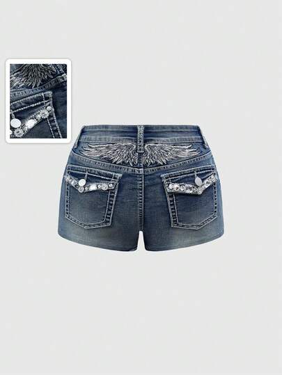 Grunge Punk Plus Summer Y2K Rhinestone Wing Embroidered Low-Waist Shorts