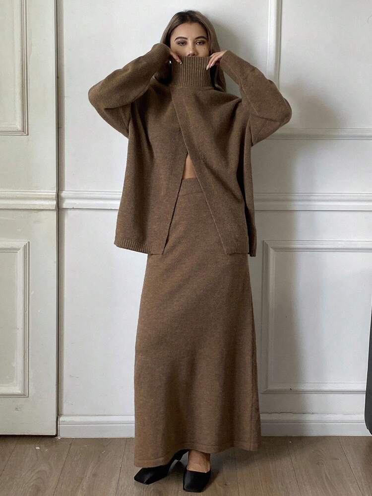 Women's Solid Color Loose Slit High Neck Long Sleeve Sweater & A-Line Skirt Casual Two Pieces Set, Autumn/Winter