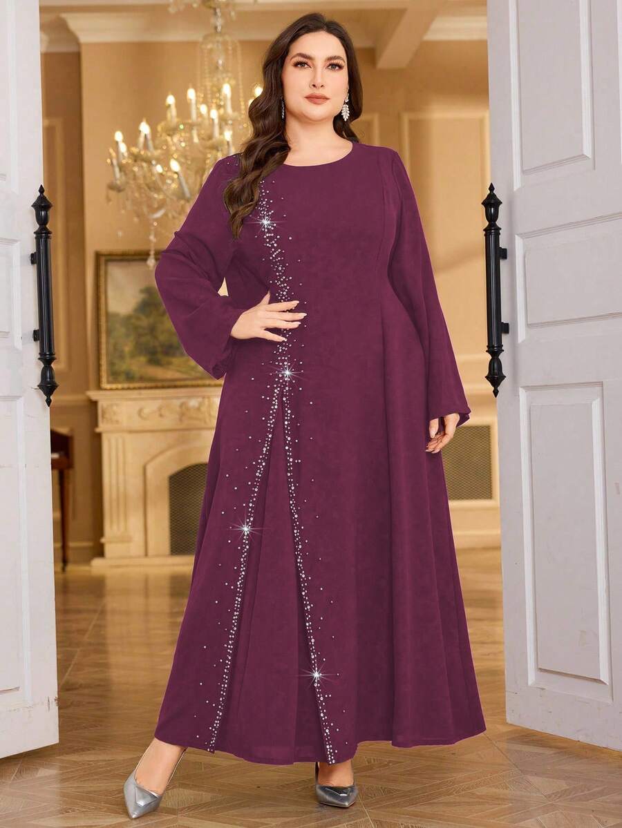 Al Najma Beaded Rhinestone Robe, Long Sleeve Long Dress, Fashion - Red Violet - View 1