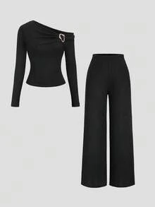 Sweetra Metal Buckle Sexy Asymmetrical Shoulder Long Sleeve T-Shirt + Wide Leg Pants Casual Suit - Black - View 1