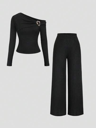 Sweetra Metal Buckle Sexy Asymmetrical Shoulder Long Sleeve T-Shirt + Wide Leg Pants Casual Suit