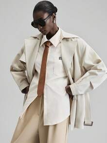 Ontre 女式米色风衣，都市现代风格，带翻领、腰带、收腰