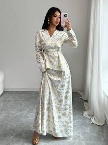 SHEIN Raffinéa Bộ áo và chân váy buộc nơ bất đối xứng họa tiết hoa - trắng - Xem 4