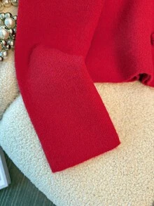 SHEIN LUNE Elegant Loose Fit Round Neck Long Sleeve Knitted Chinese-Style Button Design Red Women Cardigan, Spring/Autumn Christmas - Red - View 3