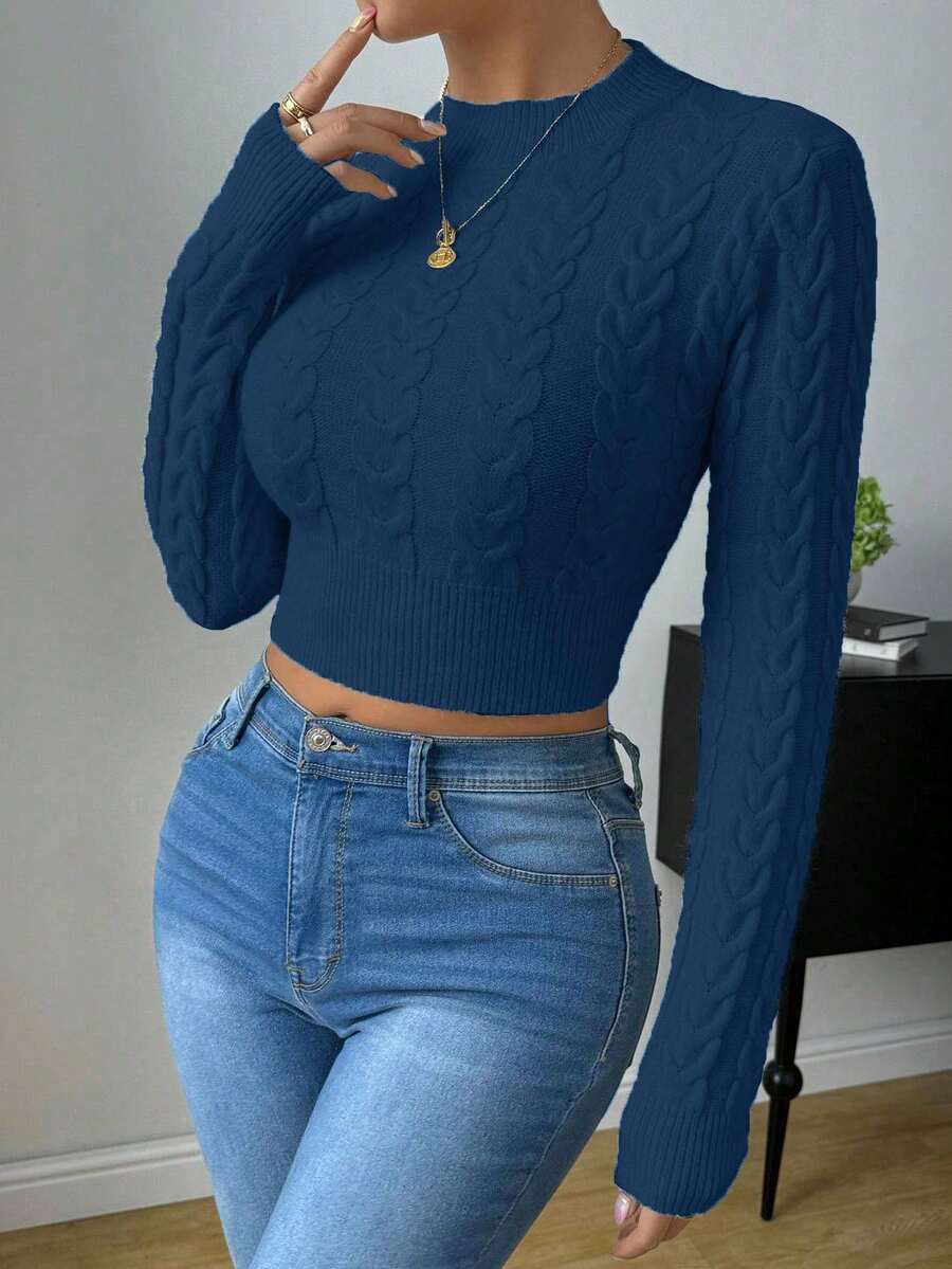 Zielony 女式秋季麻花图案圆领长袖短款修身毛衣 - 水鴨藍 - 查看 1