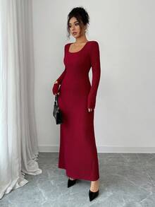Rafferiza Elegant Burgundy Autumn Party Dress For Women,Slim-Fit Long Sleeve Back Hollow Metal Accessories Banquet Dinner Date Dress,Ladies Fashionable Outfit - Red - View 6