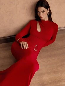 Franclia 红色装饰纽扣腰性感女式连衣裙 - 紅色 - 查看 4