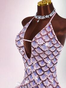 Amplova 深 V 领挂脖亮片与毛茸茸拼布紧身迷你连衣裙 - 粉色 - 查看 7