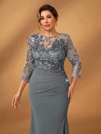 Serin Plus Size Elegant Luxurious Black Round Neck Sheer Mid-Sleeve Lace Embroidered Ruched Slit Fishtail Dress, Suitable For Weddings, Singles Parties, Vacations, Galas, Maternity Formal Wear (Heavy Embellishment)