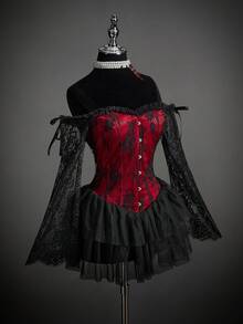 SHEIN ICON 女式性感辣妹千禧风格 Y2K 个性大胆前卫万圣节角色扮演吸血鬼新娘黑红撞色蕾丝拼接单肩喇叭袖荷叶边多层网眼吊带迷你连衣裙 - 彩色 - 查看 6