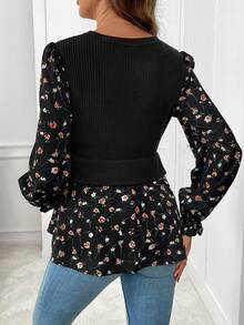 SHEIN 孕妇拼布碎花圆领长袖哺乳上衣 - 黑色 - 查看 2
