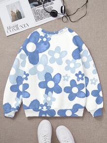 SHEIN 可爱卡通蓝色兔子图案，蓝色渐变花卉，校园街头风，少女休闲宽松保暖圆领卫衣，适合秋冬季穿着 - 彩色 - 查看 2