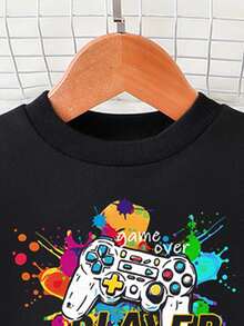 Baby Boy Casual Cool Gaming Console Graphic Crew Neck Sweatshirt And Pants Sports Outfit, Lightweight & Comfortable, Ideal For Autumn/Winter, Fashionable Leisure Wear For Parties, Outdoor Picnics, Street Photography, Campus, Festivals, Gifts Fall - Black - View 3