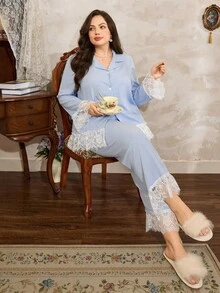 Côtesoire Bộ đồ ngủ tay dài phối ren nhiều màu thanh lịch cỡ lớn kèm quần dài, trang phục thu đông - Màu xanh lam - Xem 1