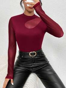 Chiquease Fashionable Commuter Solid Color Mesh Splice Slim Fit Long Sleeve T-Shirt - Burgundy - View 4