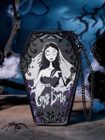 Corpse Bride X SHEIN 1 pieza Monedero con forma de ataúd PU con gráfico de figura de dibujos animados, decoración de lentejuelas, con asa de cadena, adecuado para guardar monedas, llaves, artículos personales, apropiado para mujeres, estilo gótico, romántico, era victoriana, regalo