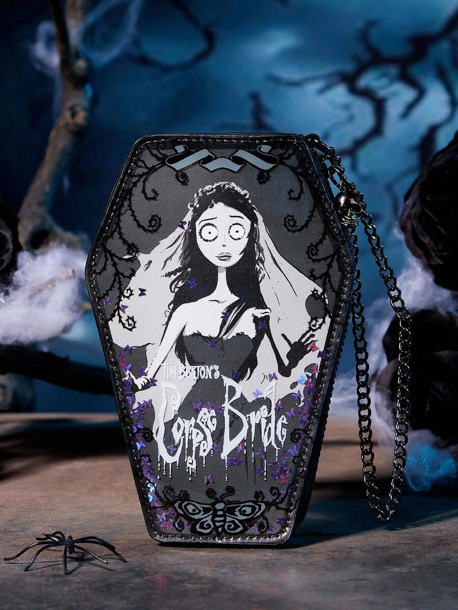 Corpse Bride X SHEIN 1 buc. portofel din piele PU în formă de sicriu, cu decor grafic cu paiete, cu mâner cu lanț, potrivit pentru depozitarea monedelor, cheilor, obiectelor personale, potrivit pentru femei, stil gotic, dragoste, epoca victoriană, cadou