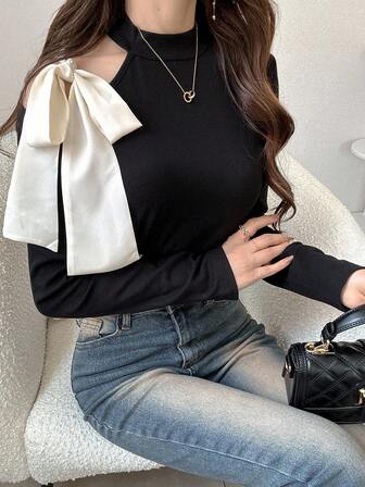 FRIFUL Women's Turtleneck Shoulder Cutout Contrast Bowknot Slim Fit Long Sleeve T-Shirt, Sweet Autumn Tops