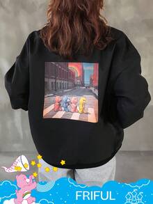 FRIFUL SHEIN X Care Bears 女士休闲时尚街头卡通熊印花落肩宽松夹克 - 黑色 - 查看 1