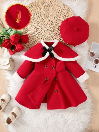 SHEIN 2 件套女婴冬季服装套装：宽松长款羊毛大衣，双排扣，蓬松袖口和可爱蝴蝶结装饰 + 贝雷帽，温暖时尚，适合生日派对、节日、日常穿着