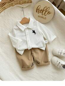 Newborn Baby Boy Casual Cute Versatile White Long Sleeve Shirt And Pants Set - Multicolor - View 7
