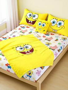 SpongeBob SquarePants | SHEIN 1 件可爱卡通图案床笠，白色床笠，适合单人床/双人床/大号床/特大号床，柔软、透气、保暖，可机洗 - 彩色 - 查看 2