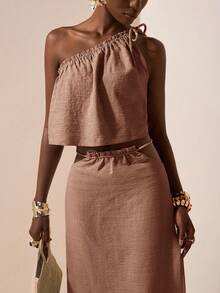 Zivah 2025 夏季新品母亲节、婚礼、生日派对、休闲、度假、街头风格、优雅通勤、商务休闲无袖系带宽松短款上衣和不对称腰部宽松直筒裙套装、竹纤维材质、女士两件套 - 藕粉色 - 查看 7