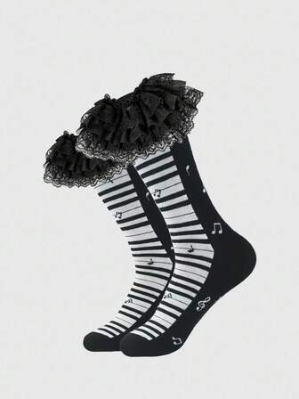 Kawaii 2 Pairs Y2K Punk Style Black & White Contrast Color Music Note Striped Crew Leg Warmers And Sexy Lace Trim Solid Color Leg Warmers Set, Suitable For Music Festivals, Anime-Inspired Outfits, Casual Wear