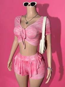 Slaydiva 2025 Spring/Summer New Casual Daily Home Personalized Street Fashion Retro Pink Ombre Snowflake Textured Knit Drawstring Adjustable V-Neck Backless Short Sleeve T-Shirt With Ruffle Hem Shorts Set - Pink - View 7