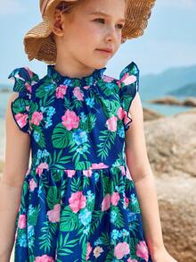 Joliand Joliand 1pc Young Girl Urban Elegant Green Leaf & Pink Floral Print Ruffle Hem Loose Sleeveless Dress,Navy Blue,Summer,Beach,Holiday For Casual,Party,Wedding - Multicolor - View 10