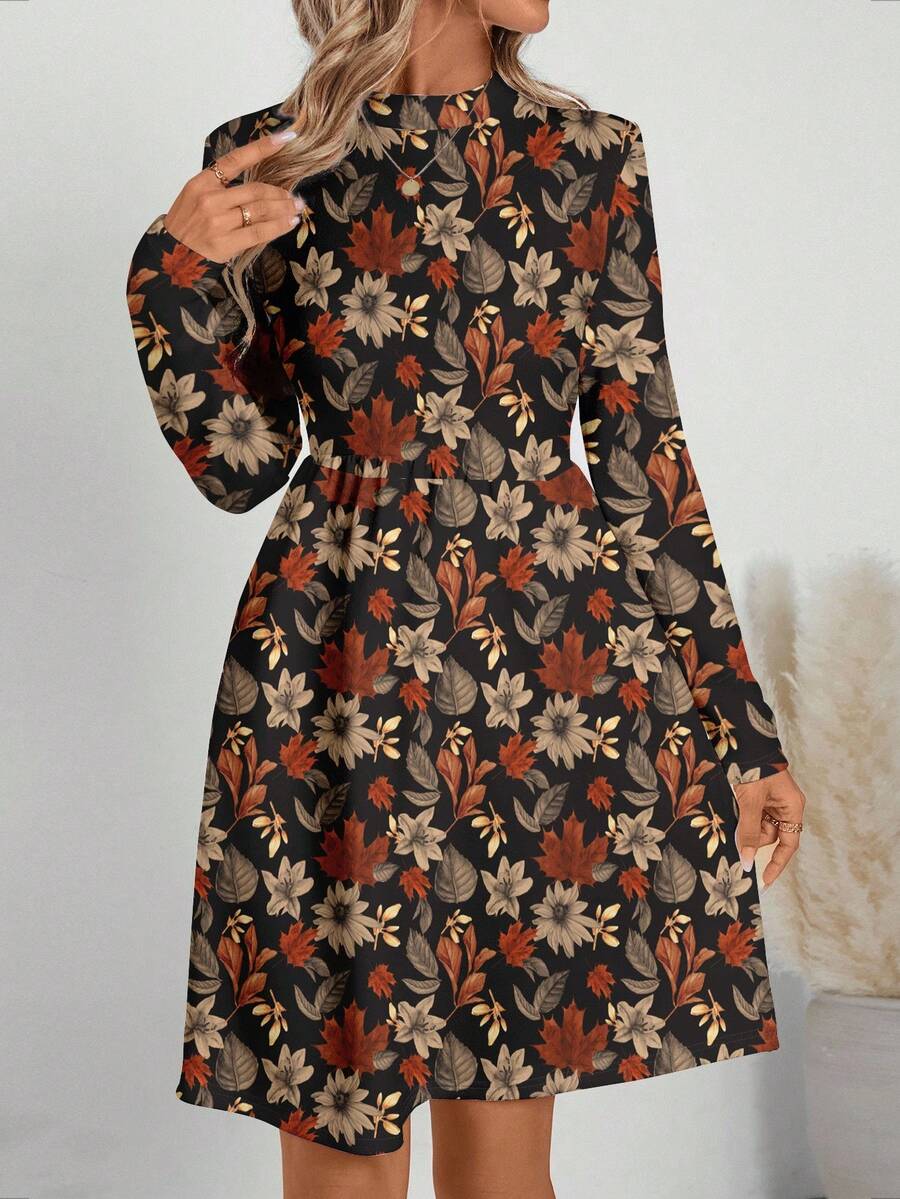 EMERY ROSE Casual Elegant Autumn Tone Red-Brown Fallen Leaves Full Print Pattern Women's Dress, Suitable For Autumn/Winter - Multicolor - View 1