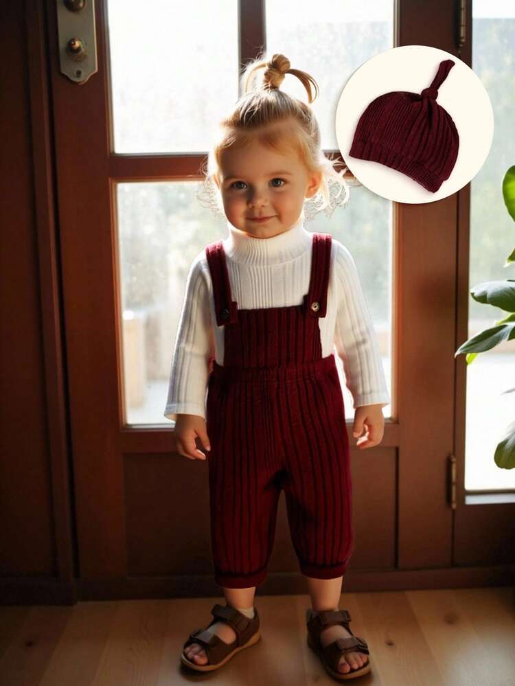 Baby Girl Mock Neck Tee & Overall Jumpsuit & Hat