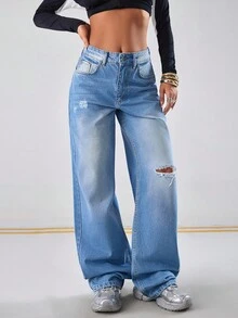 EURMUSE HIGH WAIST CASUAL DENIM STYLE STRAIGHT - Medium Wash - View 5