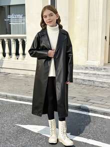 SHEIN Serisse Kids 青少年女孩纯黑色宽松休闲舒适缺口领超大长款 PU 皮革外套 - 黑色 - 查看 1