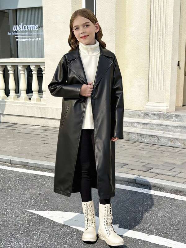 SHEIN Serisse Kids Tween-Mädchen Einfarbiger, schwarzer, lockerer, lässiger und bequemer Mantel mit gekerbtem Kragen, Oversized, lang, aus PU-Leder