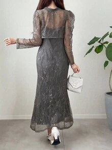 FRIFUL 女士深灰色透明蕾丝面料系腰修身两件套服装，适合节日的商务休闲装