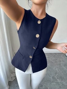 Selianne Fashionable Sleeveless Waist Cinched Black Jacket With Gold Button Decor, Versatile For Daily Wear, Spring/Summer
