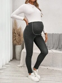 SHEIN Maternity Solid Color Adjustable Waist Thermal Lined Leggings Winter Clothes For Women - Grey - View 6