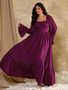 Roveilla 大码优雅复古系带袖口喇叭袖方领收腰 A 字连衣裙，秋冬 - 紫色 - 查看 3