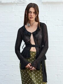 COUREZ Top de punto transparente con volantes / Top lindo de estilo Y2K para salir, top elegante de primavera para festivales - Negro - Ver 4