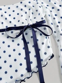 SHEIN MOD 优雅圆点印花喇叭袖蝴蝶结网眼T恤